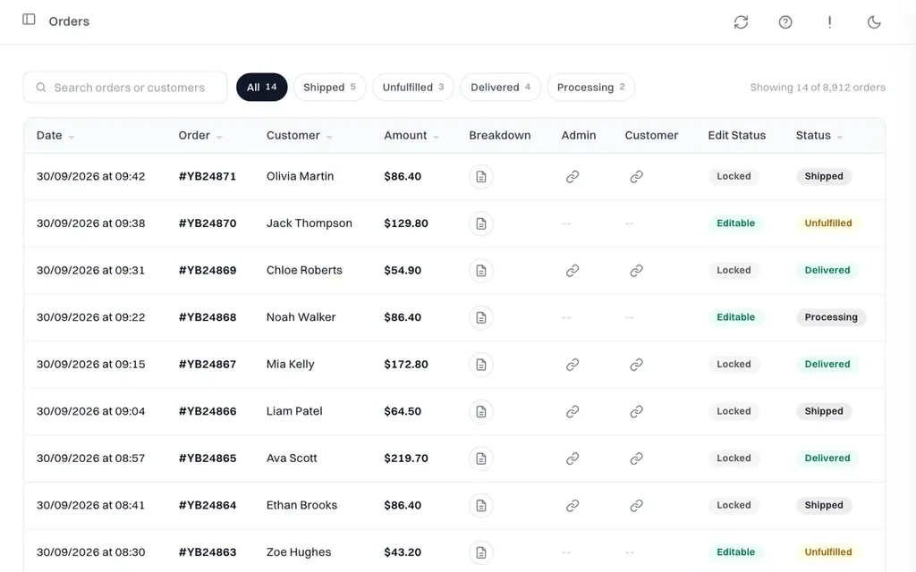 The real Freedom Fulfilment app orders screen, where our managed freelancers track every order